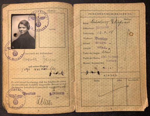 Ursula Zadik’s German passport, issued by the Nazis on December 9, 1936. This is the second page, which shows the Nazi insignia stamp.